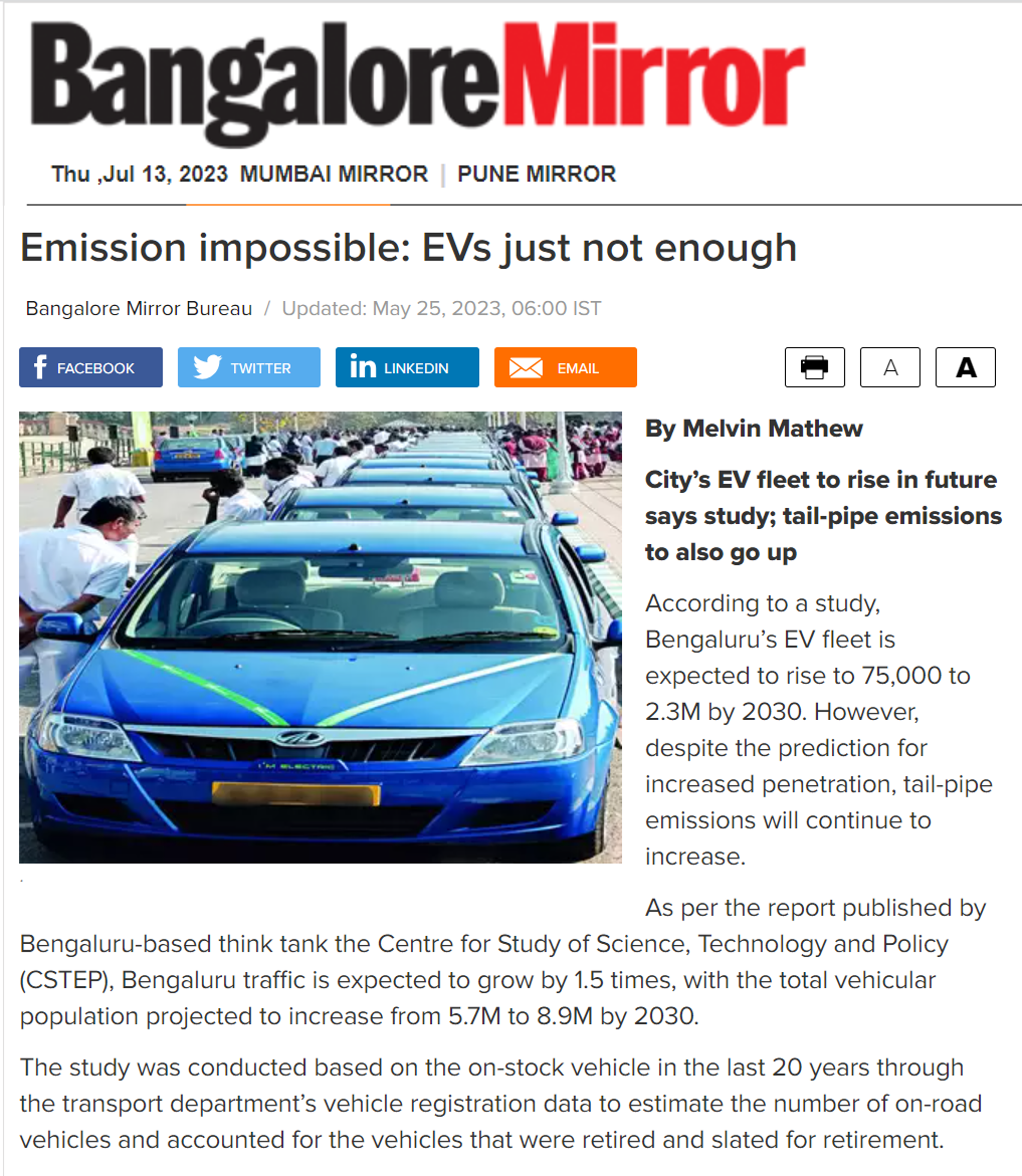 CSTEP’s study on the impact of electric vehicles on vehicular emissions covered by Bangalore Mirror